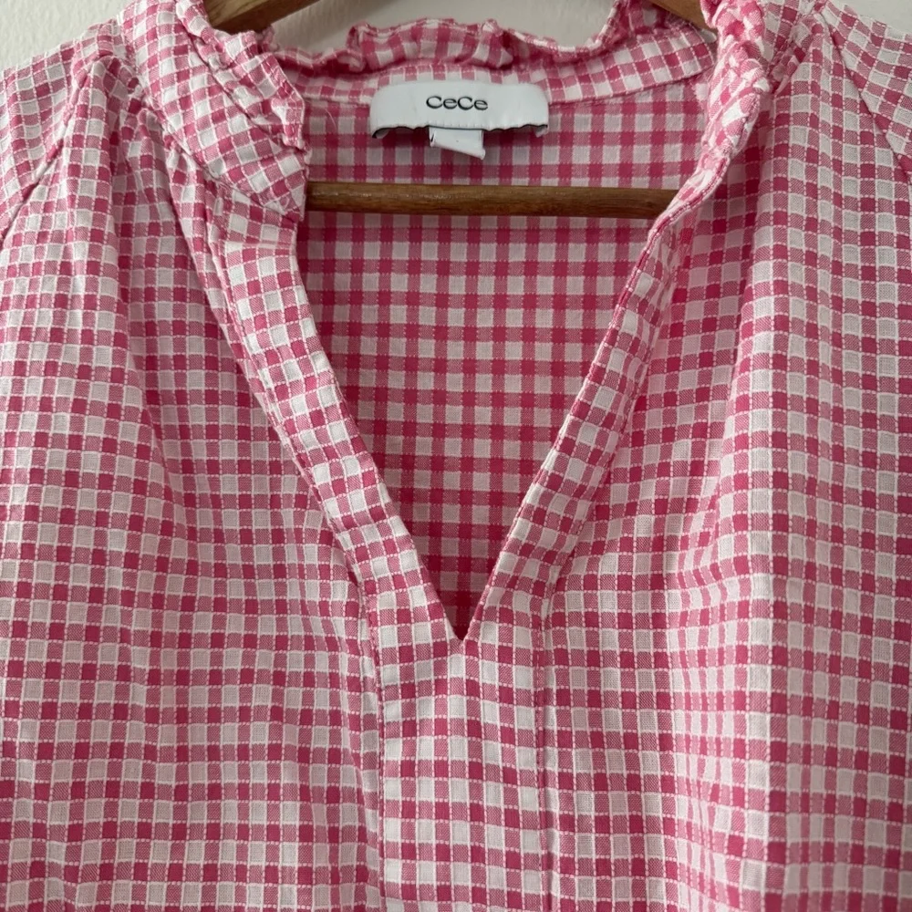 CeCe Cotton Pink and White Gingham Ruffle Blouse Puff Sleeve - Picture 6 of 8